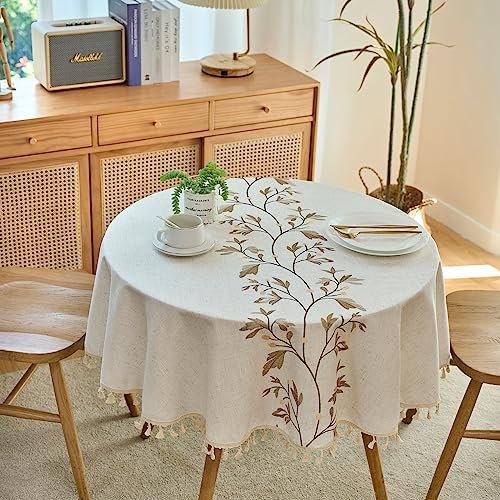 IBEQUEM Baumwoll-Leinen-Tischdecke, schmutzabweisende rechteckige Beige Tischdecke mit Quaste, dekorative gestickte Blätter gerundet Tischdecke für Küche, Picknick, Restaurant (Rund-140cm)