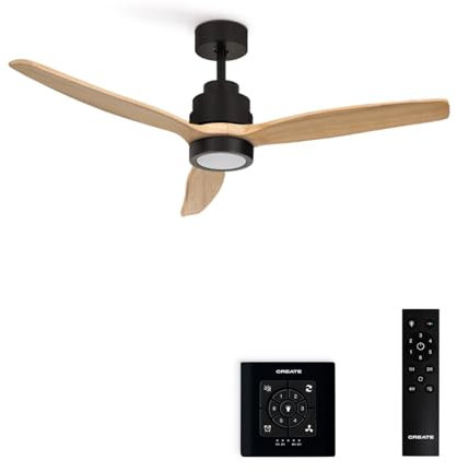 CREATE / WINDSTYLANCE DC/Ventilador de techo con luz negro aspas madera natural con controlador y mando / 40W, Silencioso, Ø132 cm, 6 velocidades, temporizador, verano-invierno, doble altura