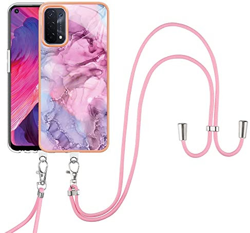SNCLET Cover für Oppo A74 5G,Oppo A54 5G Handyhülle mit Umhängeband Handykette Lanyard Hülle Necklace Premium TPU Edges PC Hülle mit Band Protective Case für Oppo A74 5G,Oppo A54 5G,Lila Marmor