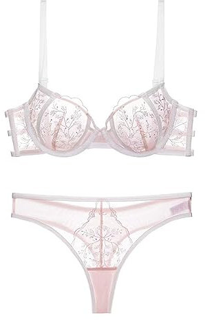 Necalisi Soutien Gorge Invisible Rose Soutien-Gorge et Culottes de Lingerie en Dentelle Broder à Pousser vers Le Haut pour Les avec Armature Soutien Gorge Decollete Plongeant 80C