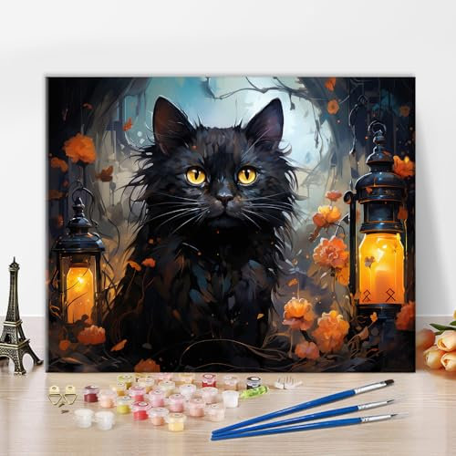 TISHIRON Kit de Pintura por Números para Adultos - Gato Negro en Lienzo - Halloween, Animales, Acrílica - DIY Artesanía para el Hogar Con Pinceles - 16x20 (Sin Marco)
