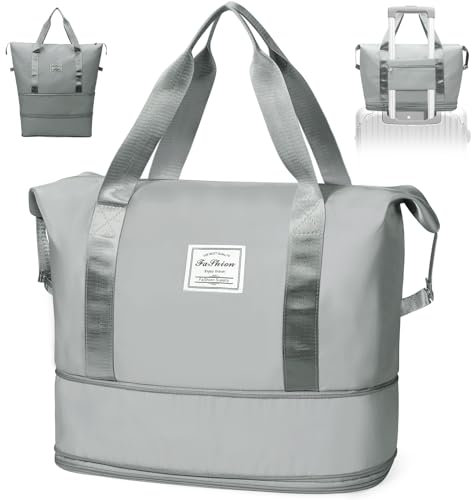 Paneerte Reisetasche Damen, Handgepäck Tasche Faltbare Reisetasche Weekender Damen Reisetasche Handgepäck Nass- Und Trockenreisetasche, Geeignet Für Sport Und Reisen,Grau