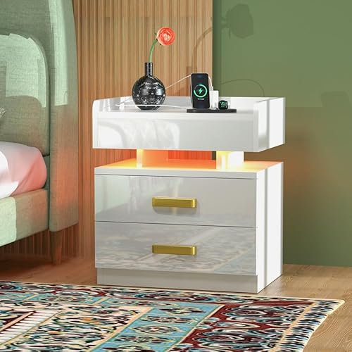 Lvhecforhm Table de Chevet avec Multiprise, 2 Prises CA, 2 Ports USB, 16 Couleurs LED Réglable Table de Nuit, Moderne avec 2 Tiroirs Blanc, pour Salon, Chambre, Bureau 45x35x52cm