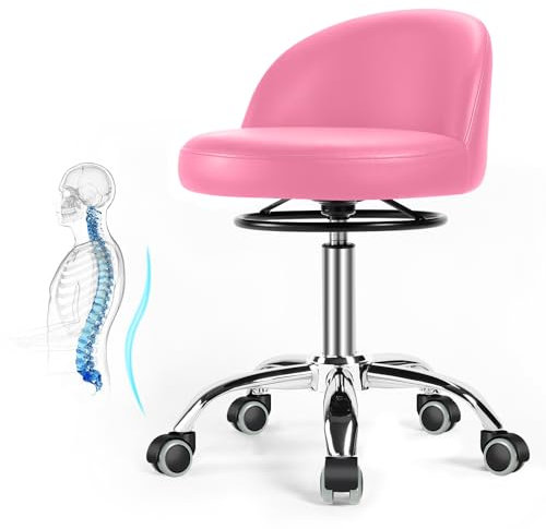 Rollhocker，Drehhocker mit Rollen，Arbeitshocker mit Rückenlehne，Schreibtischhocker Höhenverstellbar für Massage Office Home Salon Hocker Stuhl barhocker küchenhocker hocker höhenverstellbar (Rosa)