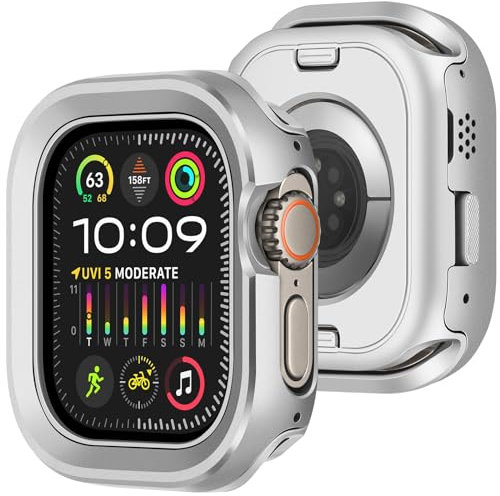 Amizee 2 en 1 Metál Funda Compatible con Apple Watch Ultra 2/Ultra 49mm, Cobertura Total Resistente Arañazos Protección Carcasa para iWatch 49mm, Plata