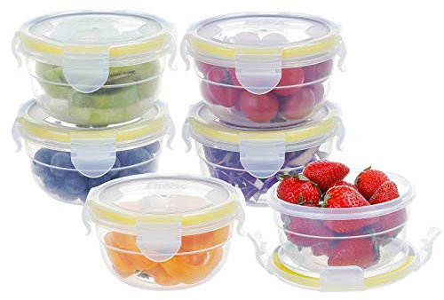 EASYLOCK 6Pack 300ML Round Food Storage Containers with Lids Airtight Freezer Storage Boxes Soup Containers Salad Bowl with Lid Sauce Pots Snack pots (Yellow-Grey)