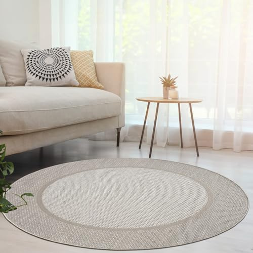 Paco Home Outdoor Teppich, Wetterfest, UV-beständig & Pflegeleicht, Flachgewebe Modern Boho-Style. Ideal für Terrasse Balkon Wohnzimmer & Küche, Grösse:120 cm Rund, Farbe:Beige 7