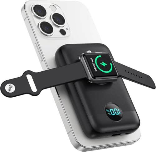 Magnetic Power bank 10800mAh,4-in-1 Wireless Portable Charger with iWatch Charger,QC4.0+20W PD Fast Charging USB C Battery Pack for Magsafe,iPhone16/15/14/13 Series,Apple Watch etc-A-Black