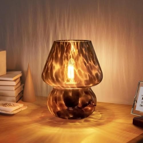Pilz Lampe Vintage Tischlampe Glas Nachttischlampe mit Kabel Dimmbar Tischleuchte mit 3 Farbe Glühbirne Retro Schreibtischlampe Mushroom Nachtlicht LED Mini Lampe für BüRo Bars Wohnzimmer Schlafzimmer