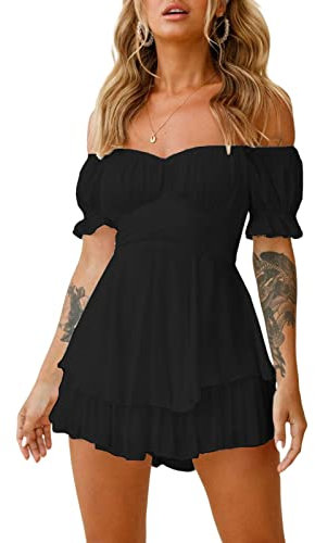 Qianderer Women Boho Romper Dress Off Shoulder Tie Back Flowy Swing Ruffle Dress with Shorts Layered Pirate Jumpsuit Playsuits (Ba Black, L)