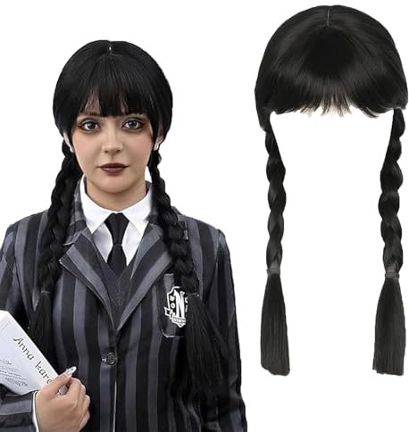HYDTQCL Addams Perücke für Kinder, Schwarze Geflochtene Perücken, Perücken mit Pony Zopf, Gothic Kostüm Lange Zöpfe Perücken mit Bangs für Cosplay Party Fasching Karneval Halloween