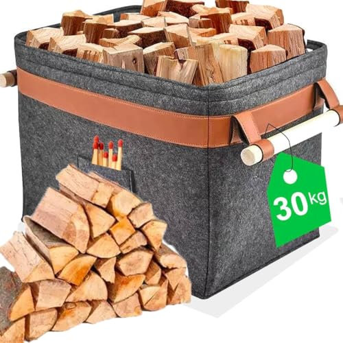 Panier en feutre Uni-Fine - 42 x 32 x 32 cm - 43 l - Panier en bois de chauffage avec poignée - Panier en feutre extra épais - Peut également être utilisé comme panier de rangement pour les courses et