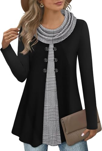 GUUKA Women Casual Long Sleeve 2 in 1 Jumpers Sweatshirt Ladies Cowl Neck Fall Pullover Winter Sweaters Tunic Tops with Buttons for UK(Houndstooth,2XL)