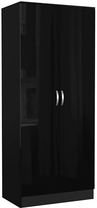 Nera High Gloss 2 Door Wardrobe with Shelf and Hanging Rail Slim Wardrobes for Small Bedrooms Storage W 76 x D 46 x H 180 cm (Black Gloss(Matt Black))