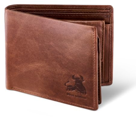 RFID Bifold Leather Wallet For Men with Flip Up ID in Vintage Buffalo Brown, With Coin Pocket - Forest Brown, Classic Bifold Size, Bifold Style With Flip Up Id