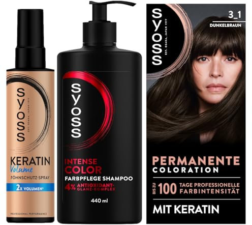 SYOSS Coloration 3_1 Dunkelbraun (115 ml) professionelle Farbintensität & Shampoo Intense Color Farbpflege Shampoo (440 ml) Farbschutz & Keratin Volume Föhnschutz-Spray (200 ml)