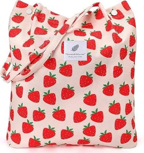 JAONLD Cordtaschen Damen, Women's Large Shoulder Bag, Umhängetasche Cord, Umhängebeutel Geeignet für den Täglichen Gebrauch, Schulreisen, Büro und Shopping (Erdbeere)