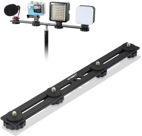 UTEBIT Dual Blitzhalterung 33cm/13 Zoll, Aluminium Blitzschiene mit 1/4 und 3/8 Schraube Kamera Flash Bracket mit Doppel Blitzschuh für DSLR Kamera, LED Licht, Mikrofon, Stativ Zubehör