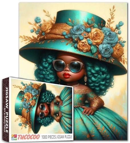 Elegante Puppe, 1000-teiliges Puzzle für Erwachsene, stilvolles schwarzes Mädchen-Puzzle, blaugrünes Kleid und Blumenhut, modische Puzzles für Frauen, Vintage-Glam-Kunst-Puzzle, ästhetisches