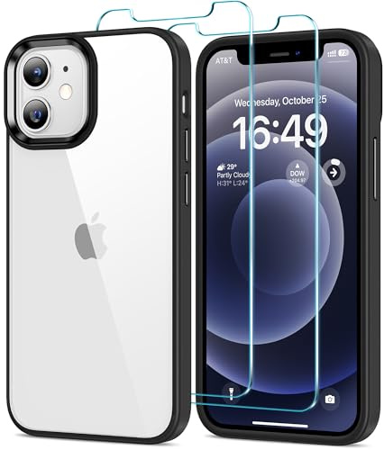 HOOMIL 3 in 1 Hülle für iPhone 12 Mini, mit 2 Stück Schutzfolie, Militärischer Stoßschutz, Nie Vergilbung Transparent Case - Schwarz