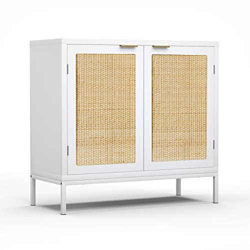 Skokliz Küchenschrank mit Arbeitsplatte, Anrichte mit 2 Türen, Barschrank, Sideboard für Küche, Rattan-Aufbewahrungsschrank mit natürlichem Rattan-Geflecht für Eingangsbereich und Küche