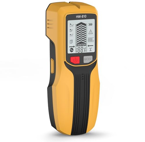 Leitungssucher Ortungsgerät, 6 in 1 Multifunktions Wand Scanner Detektor, Kabelsucher Leitungssuchgerät mit LCD Display und Audioalarm, Digitales Leitungssucher Stromleitungen für AC Leitungen (Gelb)