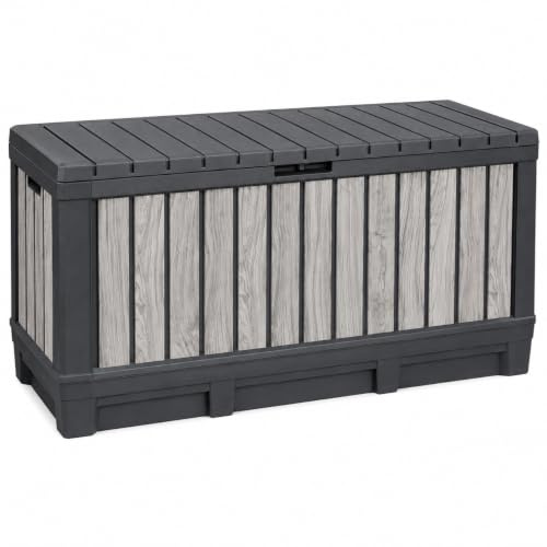 Koll Living Gartenbox Kentwood 350 Liter Stauraum in Holzoptik Stormgrey | Aufbewahrungsbox mit Sitzfunktion für Sitzauflagen, Gartengeräte oder Kinderspielzeug | wasserdicht & gut belüftet