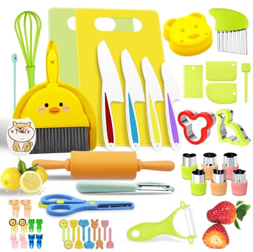JOYBOY 47 Pièces Kit Couteaux Sécurité de Cuisine pour Enfants,Couteau pour Enfants pour Fruits,Pain,Légumes,Couteaux de Cuisine pour Enfants avec Couteau en Bois,Planche à Découper et Éplucher