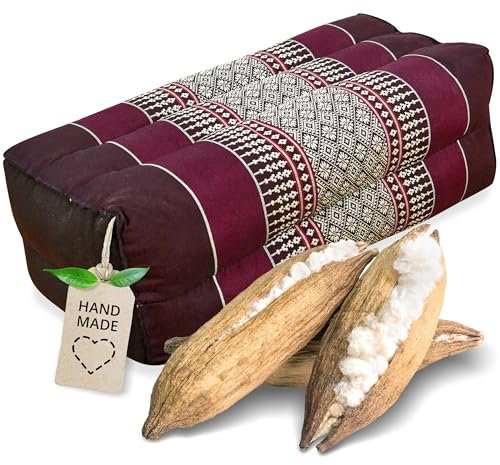 livasia Block Yogakissen eckig - 17x34x12cm - Meditationskissen mit Kapok, Stützkissen Bolster rechteckig, Yoga Pilates Zubehör Nackenkissen, Thaikissen fest handgefertigt (Weinrot)
