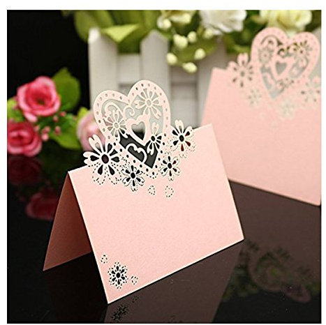 Musuntas 50Tlg Liebe Herz Laser Schnitt Namenskärtchen / Platzkarte / Namensschild / Sitzkarte / Namenskarte / Tischkarte / Tischkärtchen für Hochzeiten Feste oder Partys (rosa)