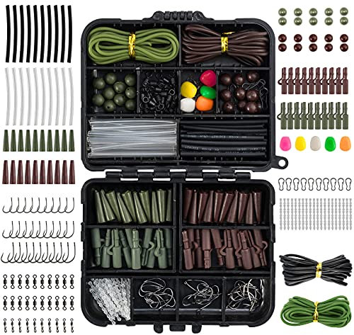 Dr.Fish 278pcs Carp Fishing Tackle Set in Box, Carp Fishing Accessories Include Hooks, Safety Clips and Swivels, Beads, Boilie Stops, Corn, Tube and other, Green Brown