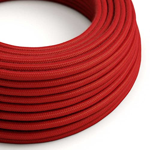 creative cables Fil Électrique Rond Gaine De Tissu De Couleur Coton Tissu Uni Rouge Feu RC35-1 Mètre, 2x0.75