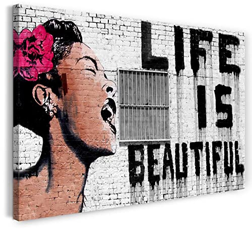 Printed Paintings Leinwand (60x40cm): Banksy - Life is Beautiful Frau mit Rose im Haar mit Schrif