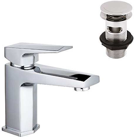 Nuie HDY305 Hardy | Modern Bathroom Square Mono Basin Mixer Tap with Free Push Button Waste, 153mm x 50mm, Chrome