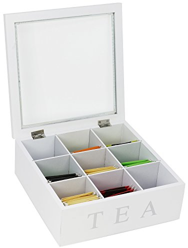 com-four® Teebox mit 9 Fächern - Teebeutelbox aus Holz mit Sichtfenster | Teebeutel Aufbewahrungsbox - Teekiste zur Teeaufbewahrung