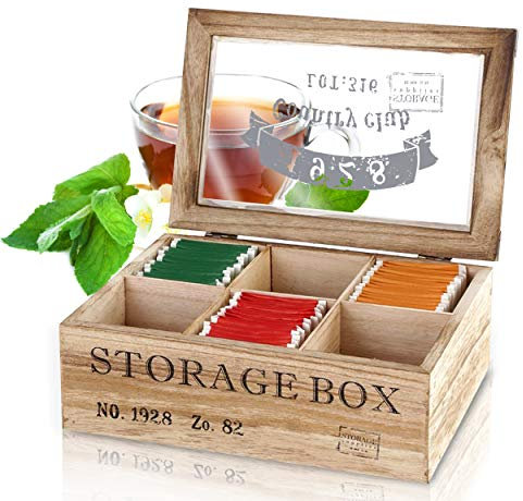 Oramics Teebox im Vintage Look „1928 COUNTRY CLUB“ aus Holz - Holzkiste für Teebeutel, Kaffee Pads mit 6 oder 9 Fächern Teekiste Teekasten inlusive E-Book (6 Fächer)
