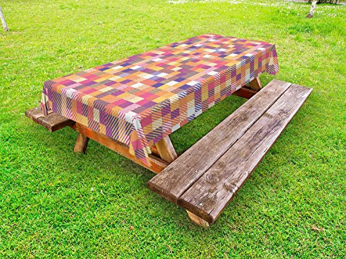 ABAKUHAUS Abstrakt Outdoor-Tischdecke, Modernes buntes Mosaik, dekorative waschbare Picknick-Tischdecke, 145 x 265 cm, Rosa Aprikose und Blaue Veilchen