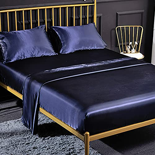 4 Pezzi Completo Lenzuolo Letto Matrimoniale, 1 x Lenzuola Sotto con Angoli Tinta Unita 180x200 cm con 1 x Lenzuolo Piatto e 2 x Federe, Biancheria da Letto in Raso, Blu Navy