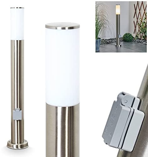 Außenwegeleuchte Caserta mit Steckdose, moderne Sockelleuchte aus Metall/Kunststoff in Nickel-matt/Weiß, Wegeleuchte 80 cm, Gartenlampe mit E27-Fassung, Gartenbeleuchtung IP44, ohne Leuchtmittel