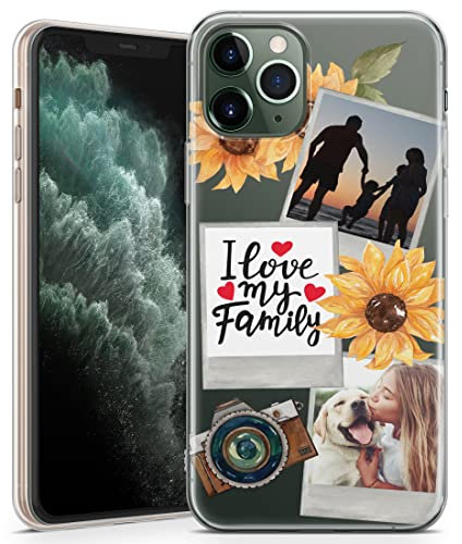 Personalised Phone Case for iPhone 13 Pro Max - Clear Soft Gel Custom Cover Vintage Sunflower Snapshot Photo Individual Style Initials Name Text - Three Photos
