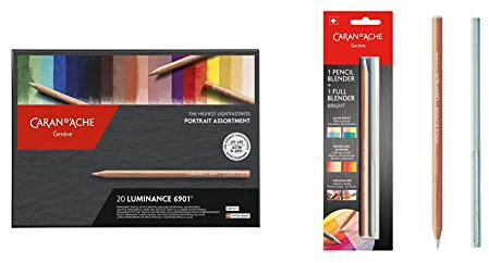 Caran d'Ache 6901.92 6902 Farbstifte Luminance Portrait Sortiment 20 Farben,mehrfarbig,26 x 19 x 2 cm & Blender Stift Full Blender Bright Holzgefasst 2-Teilig, 0902.301, One Size