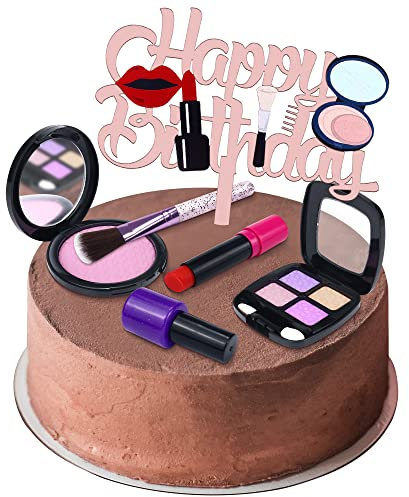 6 Pack Makeup Happy Birthday Resin Cupcake Topper Cake Decorating Kits Lipstick Eye Shadow Blush Brush Cake Picks Ladies Make Up Theme for Girls Womens Birthday Wedding Anniversary Valentine's Day