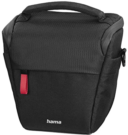Hama Kameratasche Matera 110 Colt (kompakte Fototasche für Gürtelschlaufe, Colttasche für Digitalkamera und Zubehör, Umhängetasche mit Schultergurt und Zubehörfächern, recyceltes PET) schwarz