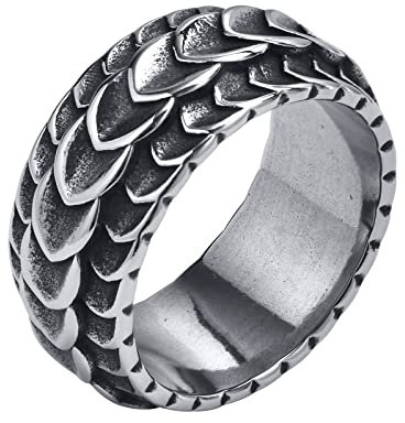 FLHEART Drachen Band Ring Herren - Edelstahl Antike Weinlese Gotisch Punk Ring, Cool Drache Schuppen Texturierter Wikinger Ring für Männer, Glücks Amulett Schmuck Geschenk,Größe 62 (19.7)