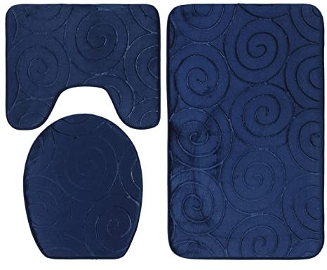Ensemble de Tapis de Bain, Tapis de Bain Antidérapants, Tapis de Toilette pour 3 Pièces, Couvercle de Toilette, Tapis de Sol, Tapis Absorbant côté Baignoire (Bleu Marin)