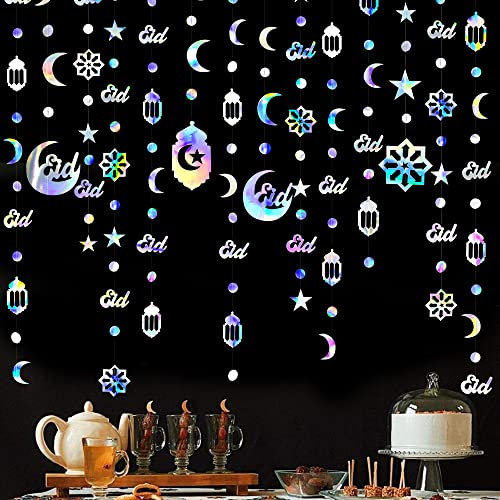 68Ft Eid Dekorationen Schillernde Eid Mubarak Girlande Ramadan Hängender Hintergrund Anhänger Regenbogen Stern Mond Kreis Punkt Licht Streamer Ornament für Islam Muslim Eid Ramadan Hochzeit Geburtstag