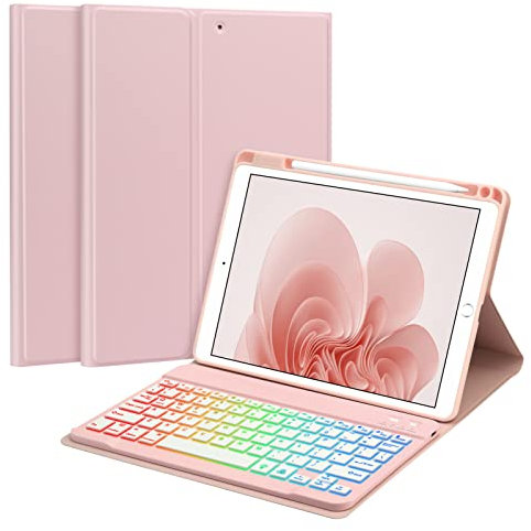 GOKOCO iPad 10.2 Inch Backlit Keyboard Case,Anti-slip Slim Protective Case with Pen Holder,Detachable Wireless Backlit UK Layout Keyboard Case for iPad 9th Gen(2021)/8th Gen(2020)/7th Gen(2019)-Pink