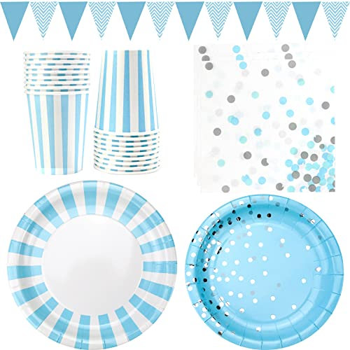 Blue and Silver Dots Party Supplies Tableware, Includes Banner, Plates, Cups, and Napkins, for Boys Weddings Baby Shower Birthday Anniversaries Decorations, Serve 24 Guests