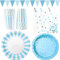 Blue and Silver Dots Party Supplies Tableware, Includes Banner, Plates, Cups, and Napkins, for Boys Weddings Baby Shower Birthday Anniversaries Decorations, Serve 24 Guests