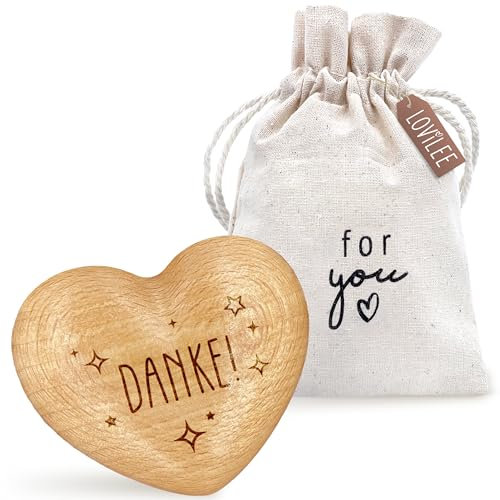 LOViLEE Danke - Handschmeichler Holz Glücksbringer - Holz Herz inkl. Geschenkbeutel & Grußkartenset - Mutmacher Geschenk, Schutzengel Geschenk, Dankeschön Geschenke klein, Dankeschön
